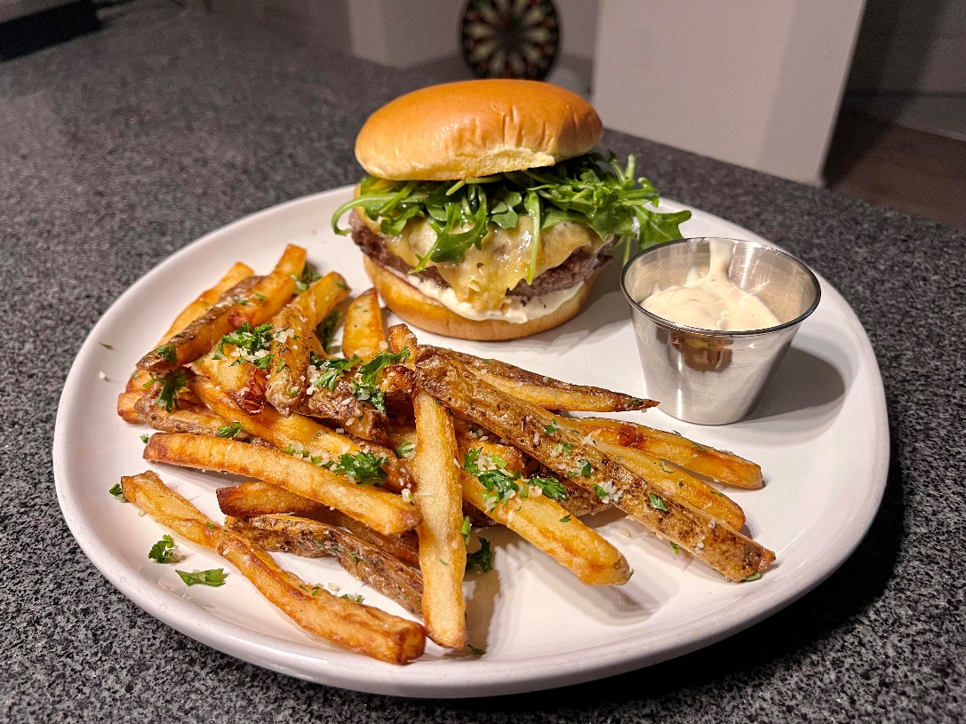 Burger with Truffle Fries with Gouda Cheese