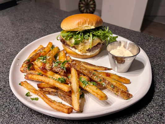 Burger with Truffle Fries with Gouda Cheese